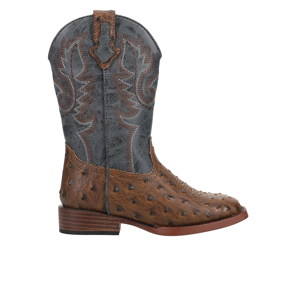 Roper Bumps Ostrich Print Embroidered Square Toe Pull On Cowboy Boots (Little Kid-Big Kid)