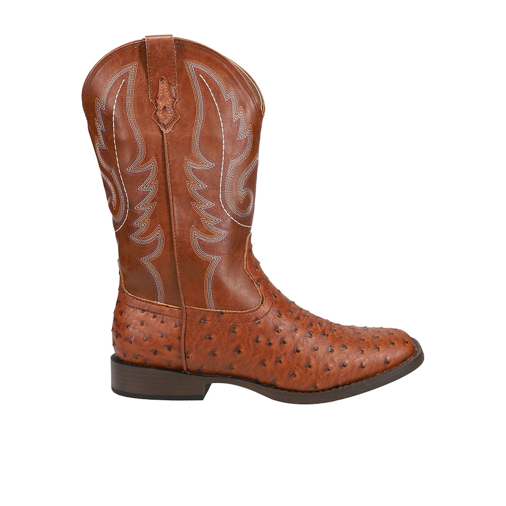 Roper Bumps Faux Ostrich Print Embroidered Square Toe Pull On Cowboy Boots (Little Kid-Big Kid)