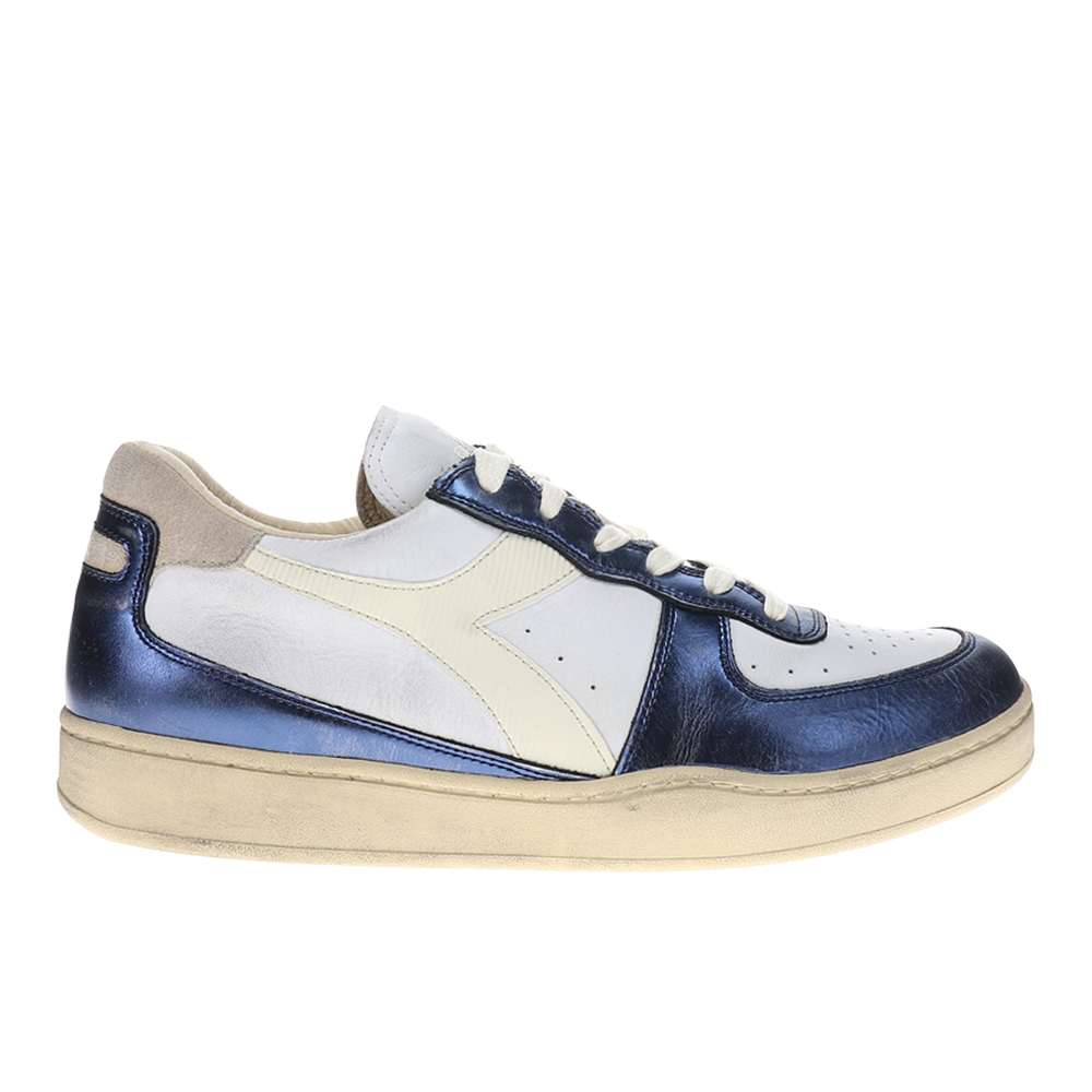 ：.： diadora Mi Basket Low Metallic Dirty Lace Up Mens White Sneakers