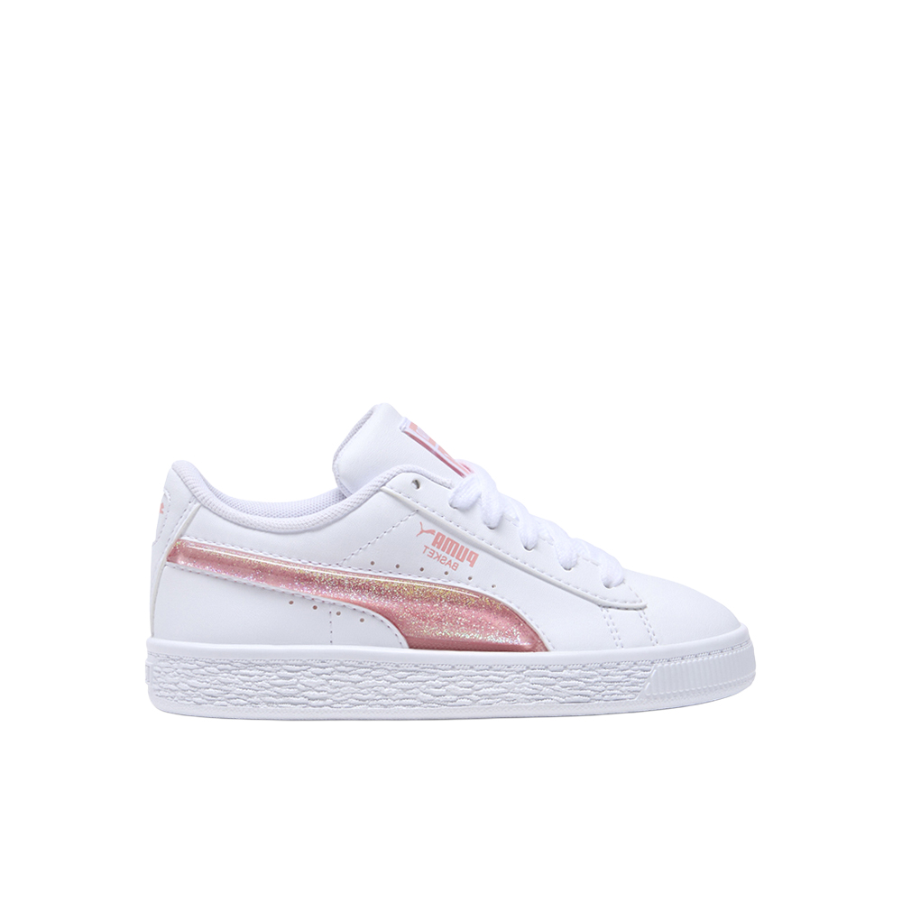 PUMA Basket Glitter Little Kids' Sneakers in White, Size 11