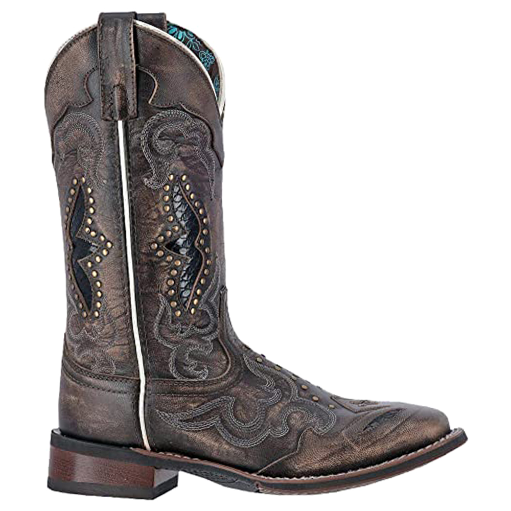 Laredo Spellbound Studded Tooled-Inlay Embroidered Square Toe Pull On Cowboy Boots