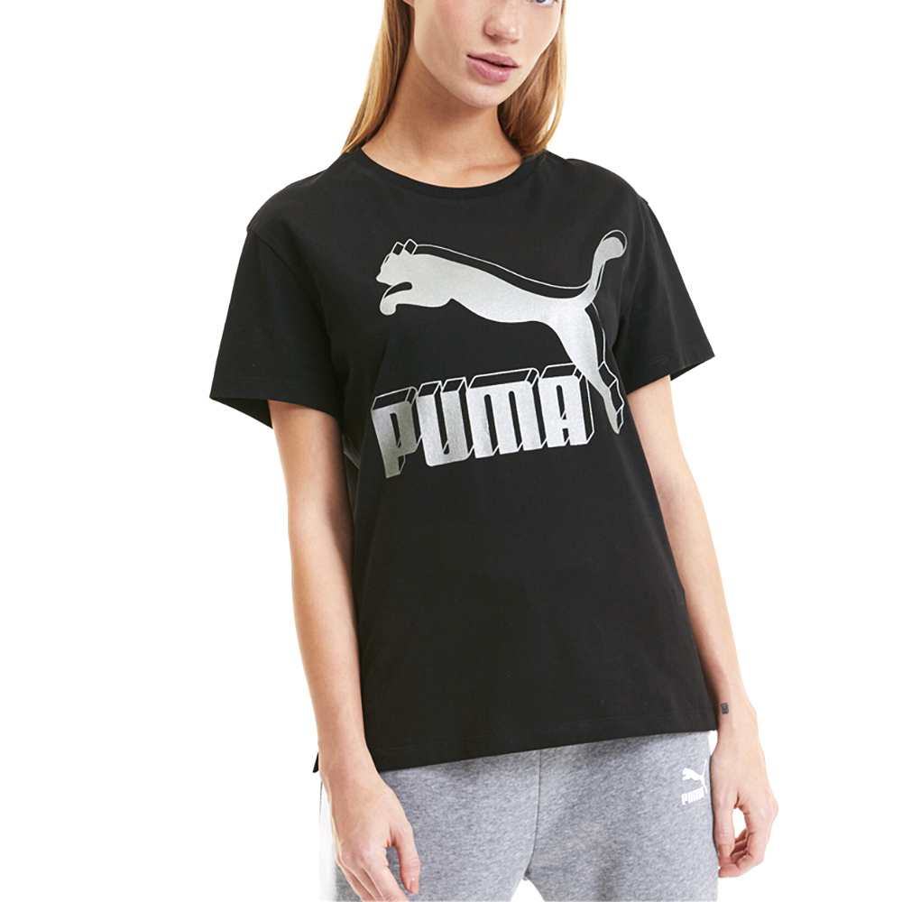 Puma Classics Logo Crew Neck Tops eBay Sleeve Short Casual Black Womens T-Shirt | 59551