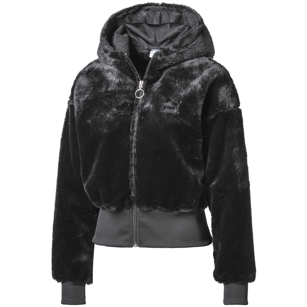 Puma Winter Classics Faux Fur Full-Zip Hoodie Black Womens Hoodies 