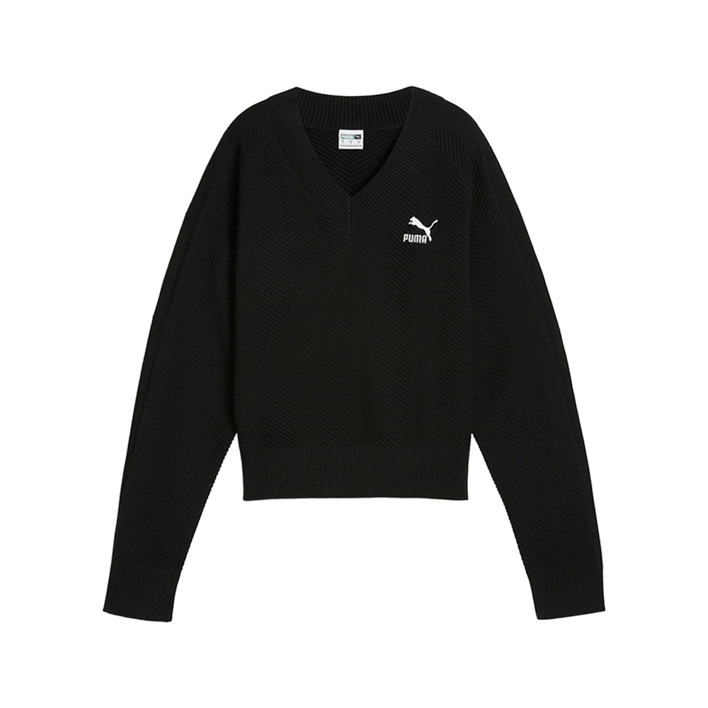 PUMA T7 Knitted Logo V-Neck Long Sleeve Sweater