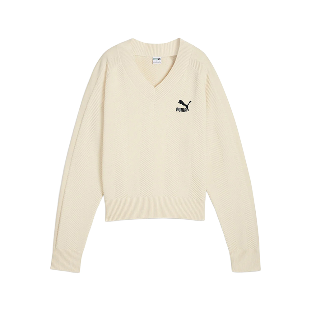 PUMA T7 Knitted Logo V-Neck Long Sleeve Sweater