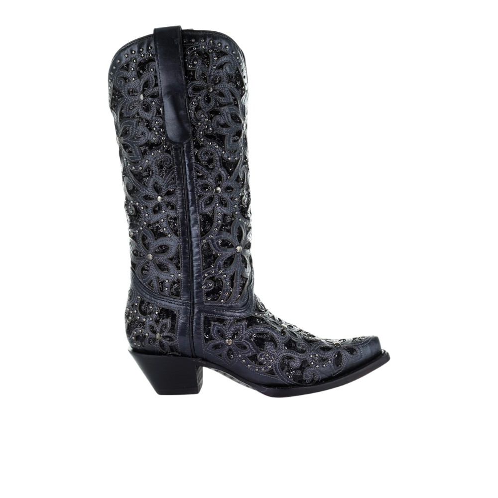 Corral Boots Floral Studded Rhinestones Sequins Tooled-Inlay Snip Toe Pull On Cowboy Boots