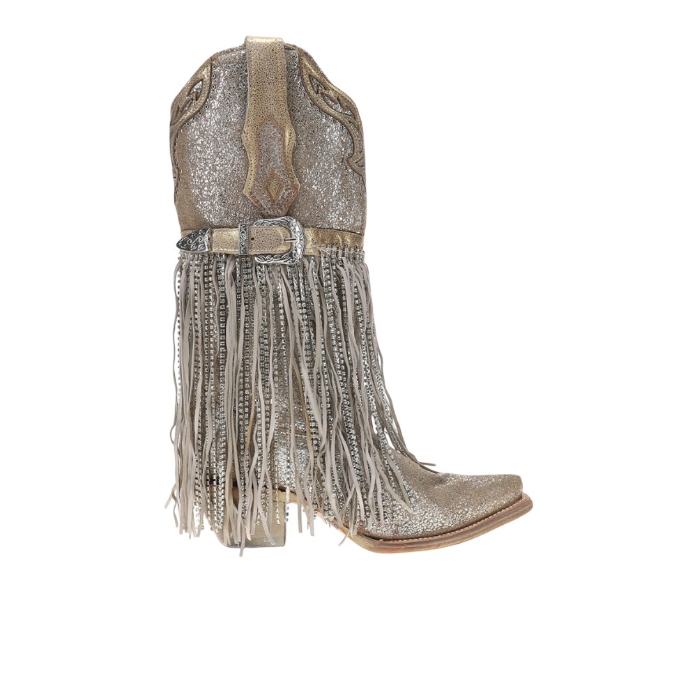 Corral Boots Silver-Gold Finish With Crystal Fringe Harness And Studs Snip Toe Pull On Cowboy Boots