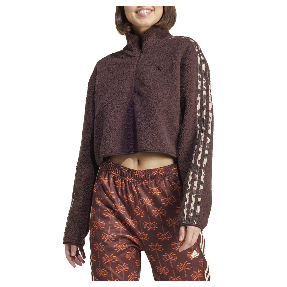 adidas Essentials 3-Stripes Animal Print High Pile Cropped 1/4 Zip Top