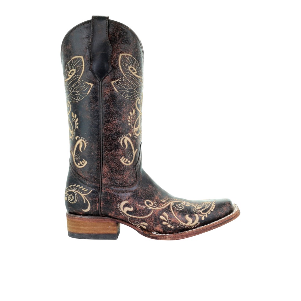 CORRAL Womens Distressed Brown-Bone Dragonfly Embroidery Sq. Toe, Size: 8.5, Width: M (L5079-LD-M-8.5)