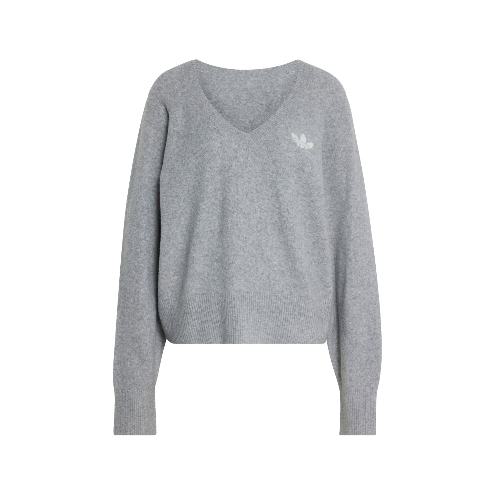 adidas Essentials Knit V-Neck Sweatshirt Long Sleeve Grey XS - Womens Originals Hoodies & Sweatshirts