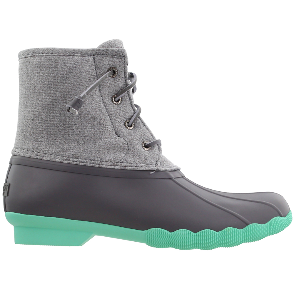 gray and teal sperry duck boots