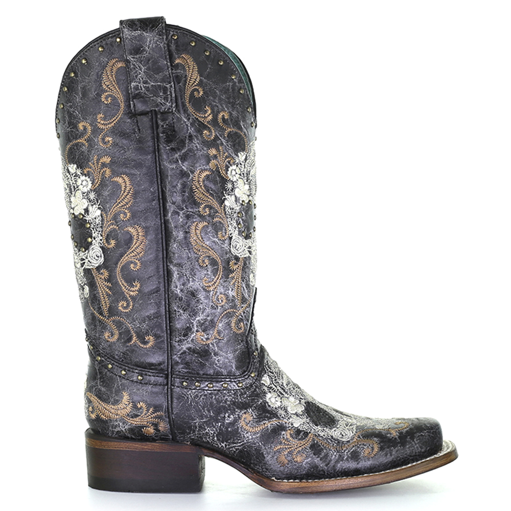 CORRAL Ld Black/White Floral Skull Embroidery & Studs Sq. Toe, Size: 7.5, Width: M (Z5005-M-7.5)